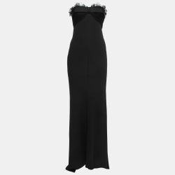Giambattista Valli Black Crepe Silk Tulle Ruffled Bodice Strapless Gown XS