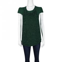 Pre Owned Gianfranco Ferre Dark Green Silk Embellished Cap Sleeve Top L