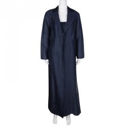 Pre Owned Gianfranco Ferre Vintage Navy Blue Silk Long Coat and Trousers Set M