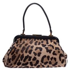 Gianfranco Ferre Brown/Beige Leopard Print Calfhair and Leather Frame Top Handle Bag