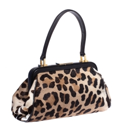 Gianfranco Ferre Brown/Beige Leopard Print Calfhair and Leather Frame Top Handle Bag