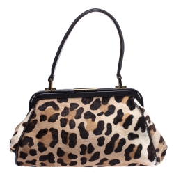 Gianfranco Ferre Brown/Beige Leopard Print Calfhair and Leather Frame Top Handle Bag