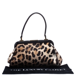 Gianfranco Ferre Brown/Beige Leopard Print Calfhair and Leather Frame Top Handle Bag