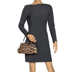 Gianfranco Ferre Brown/Beige Leopard Print Calfhair and Leather Frame Top Handle Bag