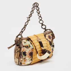 Gianfranco Ferre Multicolor Leopard Print Fabric, Python and Alligator Wild Jewel Shoulder Bag