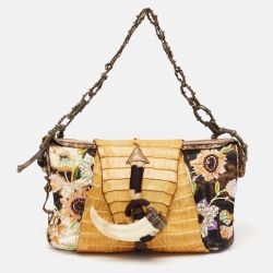Gianfranco Ferre Multicolor Leopard Print Fabric, Python and Alligator Wild Jewel Shoulder Bag