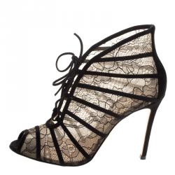 Pre Owned Gianvito Rossi Black Lace And Suede Lace Up Booties Size 39.5