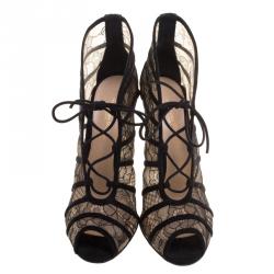 Pre Owned Gianvito Rossi Black Lace And Suede Lace Up Booties Size 39.5