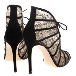 Pre Owned Gianvito Rossi Black Lace And Suede Lace Up Booties Size 39.5