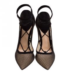 Pre Owned Gianvito Rossi Black Suede And Mesh Lace Up Pointed Toe Pumps Size 40