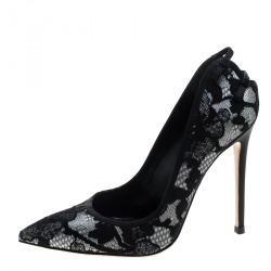Pre Owned Gianvito Rossi Black Satin and Lace Pointed Toe Pumps Size 38