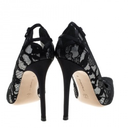 Pre Owned Gianvito Rossi Black Satin and Lace Pointed Toe Pumps Size 38