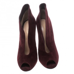 Pre Owned Gianvito Rossi Burgundy Suede V Neck Peep Toe Booties Size 36.5