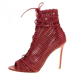 Pre Owned Gianvito Rossi Burgundy Woven Leather Marnie Lace Up Peep Toe Ankle Boots Size 39.5