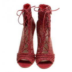 Pre Owned Gianvito Rossi Burgundy Woven Leather Marnie Lace Up Peep Toe Ankle Boots Size 39.5