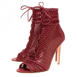 Pre Owned Gianvito Rossi Burgundy Woven Leather Marnie Lace Up Peep Toe Ankle Boots Size 39.5