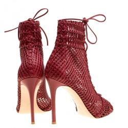 Pre Owned Gianvito Rossi Burgundy Woven Leather Marnie Lace Up Peep Toe Ankle Boots Size 39.5