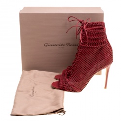 Pre Owned Gianvito Rossi Burgundy Woven Leather Marnie Lace Up Peep Toe Ankle Boots Size 39.5