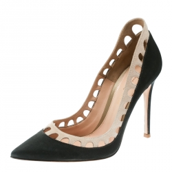 Pre Owned Gianvito Rossi Dark Grey/Beige Satin and Suede Cut Out Collar Pointed Toe Pumps Size 37