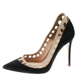 Pre Owned Gianvito Rossi Dark Grey/Beige Satin and Suede Cut Out Collar Pointed Toe Pumps Size 37