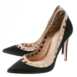Pre Owned Gianvito Rossi Dark Grey/Beige Satin and Suede Cut Out Collar Pointed Toe Pumps Size 37