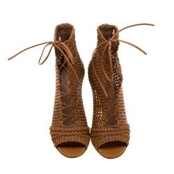 Pre Owned Gianvito Rossi Brown Macrame Leather Peep Toe Booties Size 36