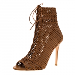 Pre Owned Gianvito Rossi Brown Macrame Leather Peep Toe Booties Size 36