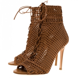 Pre Owned Gianvito Rossi Brown Macrame Leather Peep Toe Booties Size 36