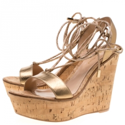 Pre Owned Gianvito Rossi Metallic Gold Leather Ankle Wrap Cork Wedge Sandals Size 37