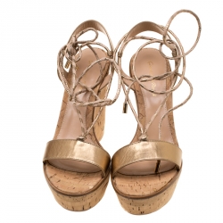 Pre Owned Gianvito Rossi Metallic Gold Leather Ankle Wrap Cork Wedge Sandals Size 37