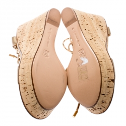 Pre Owned Gianvito Rossi Metallic Gold Leather Ankle Wrap Cork Wedge Sandals Size 37