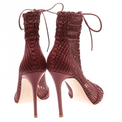 Pre Owned Gianvito Rossi Burgundy Woven Leather Marnie Lace Up Peep Toe Ankle Boots Size 41