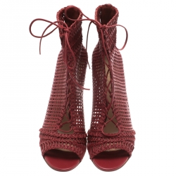 Pre Owned Gianvito Rossi Burgundy Woven Leather Marnie Lace Up Peep Toe Ankle Boots Size 41