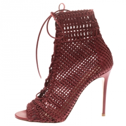 Pre Owned Gianvito Rossi Burgundy Woven Leather Marnie Lace Up Peep Toe Ankle Boots Size 41