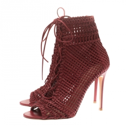 Pre Owned Gianvito Rossi Burgundy Woven Leather Marnie Lace Up Peep Toe Ankle Boots Size 41