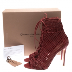 Pre Owned Gianvito Rossi Burgundy Woven Leather Marnie Lace Up Peep Toe Ankle Boots Size 41