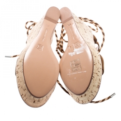 Pre Owned Gianvito Rossi Brown Suede Ankle Wrap Cork Wedge Sandals Size 37.5