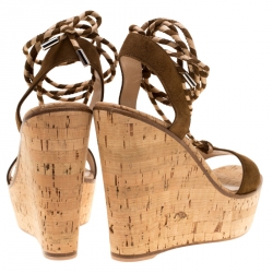 Pre Owned Gianvito Rossi Brown Suede Ankle Wrap Cork Wedge Sandals Size 37.5