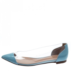 Pre Owned Gianvito Rossi Blue Patent Leather And PVC Plexi Pointed Toe Ballet Flats Size 38
