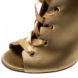 Pre Owned Gianvito Rossi Gold Satin Marie Peep Toe Lace Up Ankle Booties Size 37