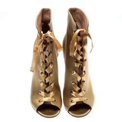 Pre Owned Gianvito Rossi Gold Satin Marie Peep Toe Lace Up Ankle Booties Size 37