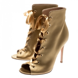 Pre Owned Gianvito Rossi Gold Satin Marie Peep Toe Lace Up Ankle Booties Size 37