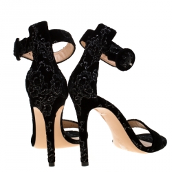Pre Owned Gianvito Rossi Black Floral Embroidered Velvet Portofino Ankle Strap Sandals Size 36