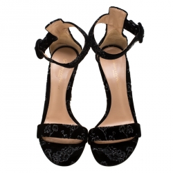 Pre Owned Gianvito Rossi Black Floral Embroidered Velvet Portofino Ankle Strap Sandals Size 36