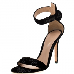 Pre Owned Gianvito Rossi Black Floral Embroidered Velvet Portofino Ankle Strap Sandals Size 36