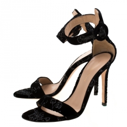 Pre Owned Gianvito Rossi Black Floral Embroidered Velvet Portofino Ankle Strap Sandals Size 36
