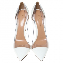 Pre Owned  Gianvito Rossi White Patent Leather And PVC Plexi Cap Toe Pointed Toe Pumps Size 37.5