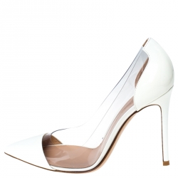Pre Owned  Gianvito Rossi White Patent Leather And PVC Plexi Cap Toe Pointed Toe Pumps Size 37.5
