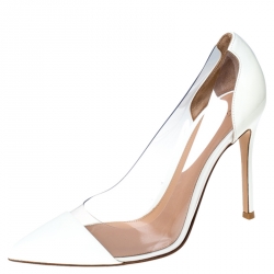 Pre Owned  Gianvito Rossi White Patent Leather And PVC Plexi Cap Toe Pointed Toe Pumps Size 37.5