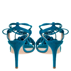 Pre Owned Gianvito Rossi Blue Suede Ruffled Ankle Wrap Sandals Sandals 38